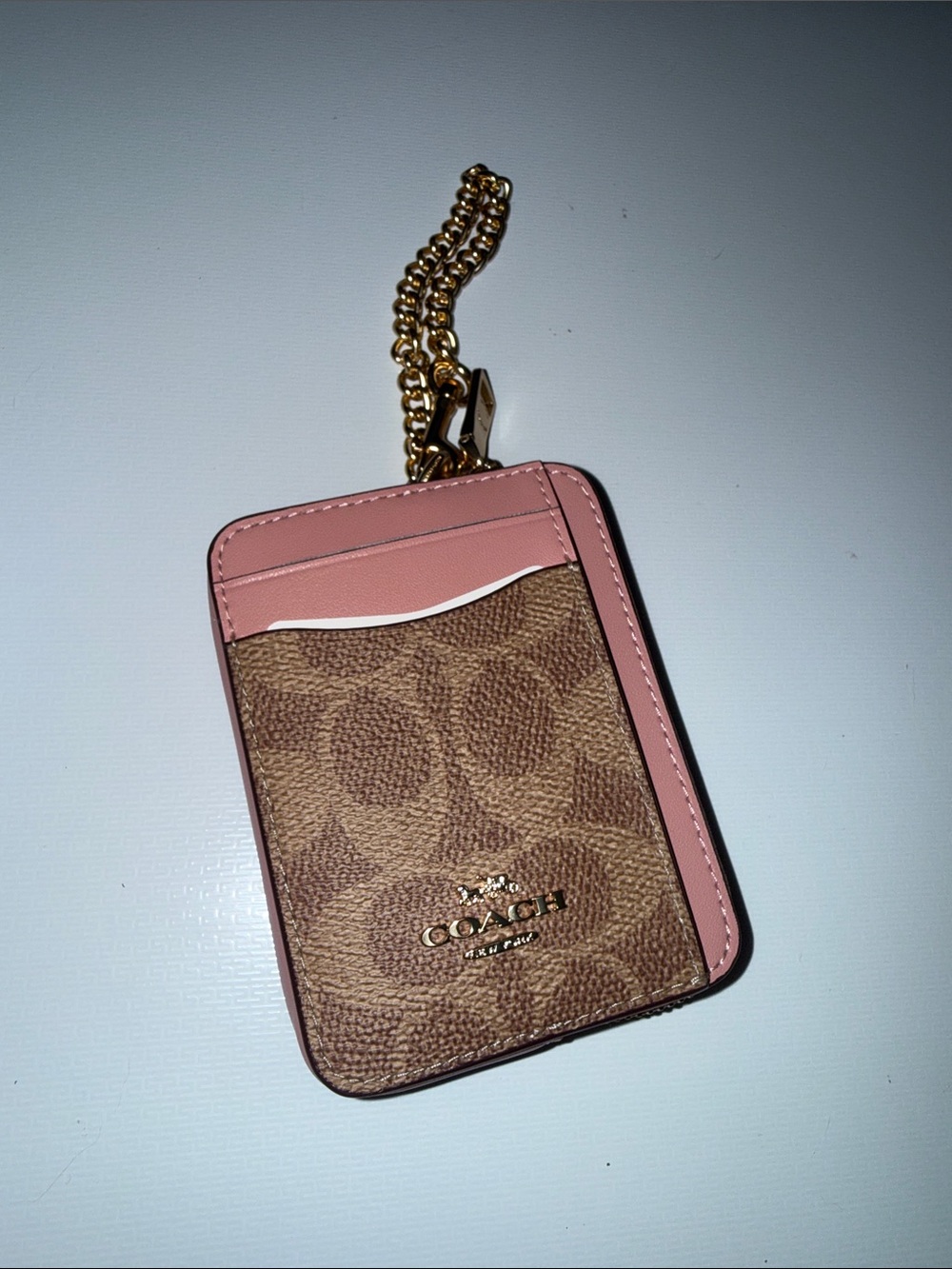 Coach Brown Signature Canvas Card Holder Petal Pink & Gold Chain
